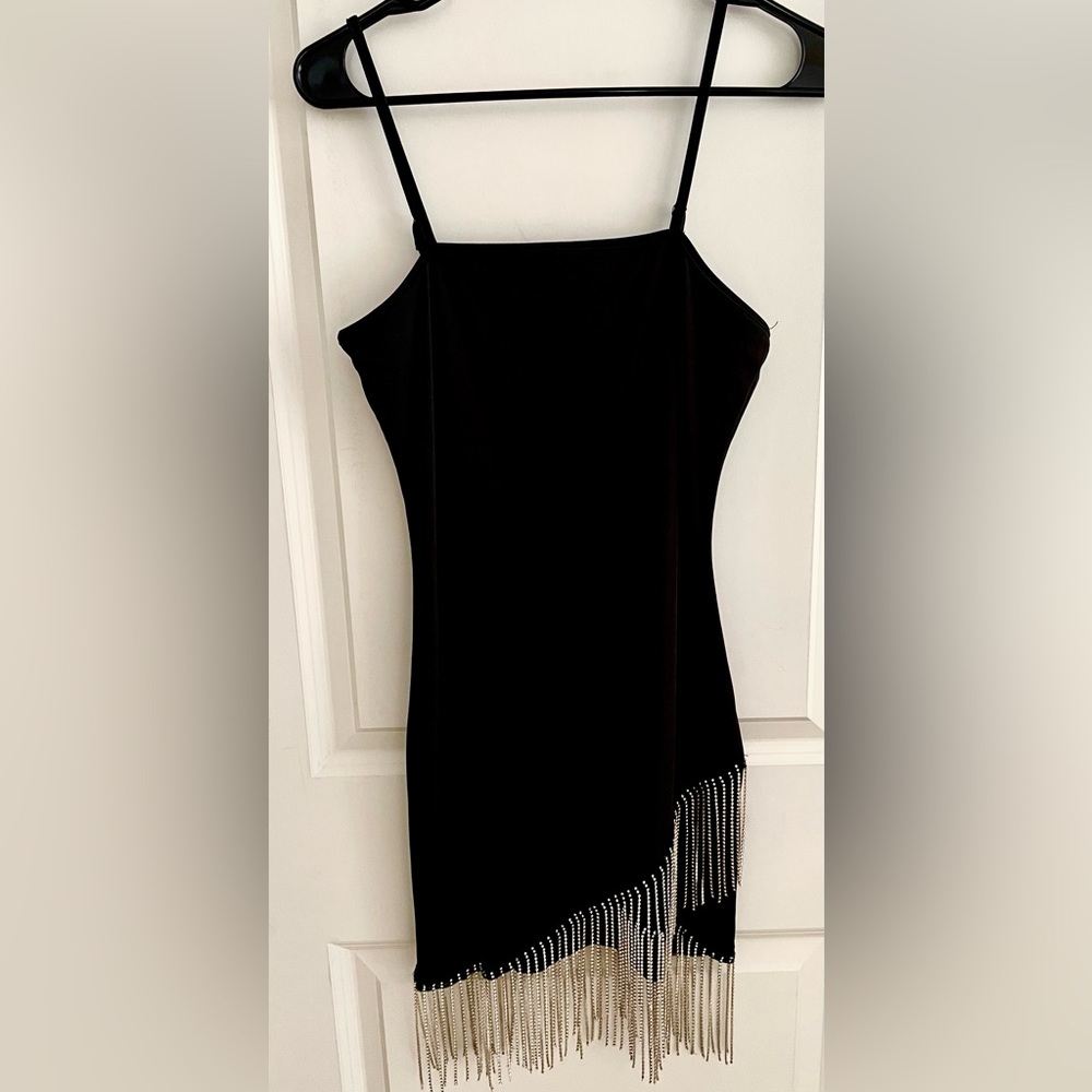 SHEIN Black Fitted Mini Dress with Rhinestone Fringe and Spaghetti Straps sz M/6